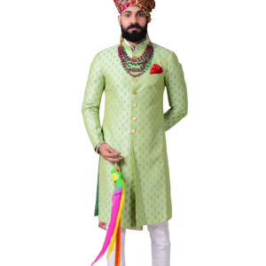 Maharaja Style Lime Green Brocade Silk Sherwani | Regal Ethnic Wear | Jaipurio